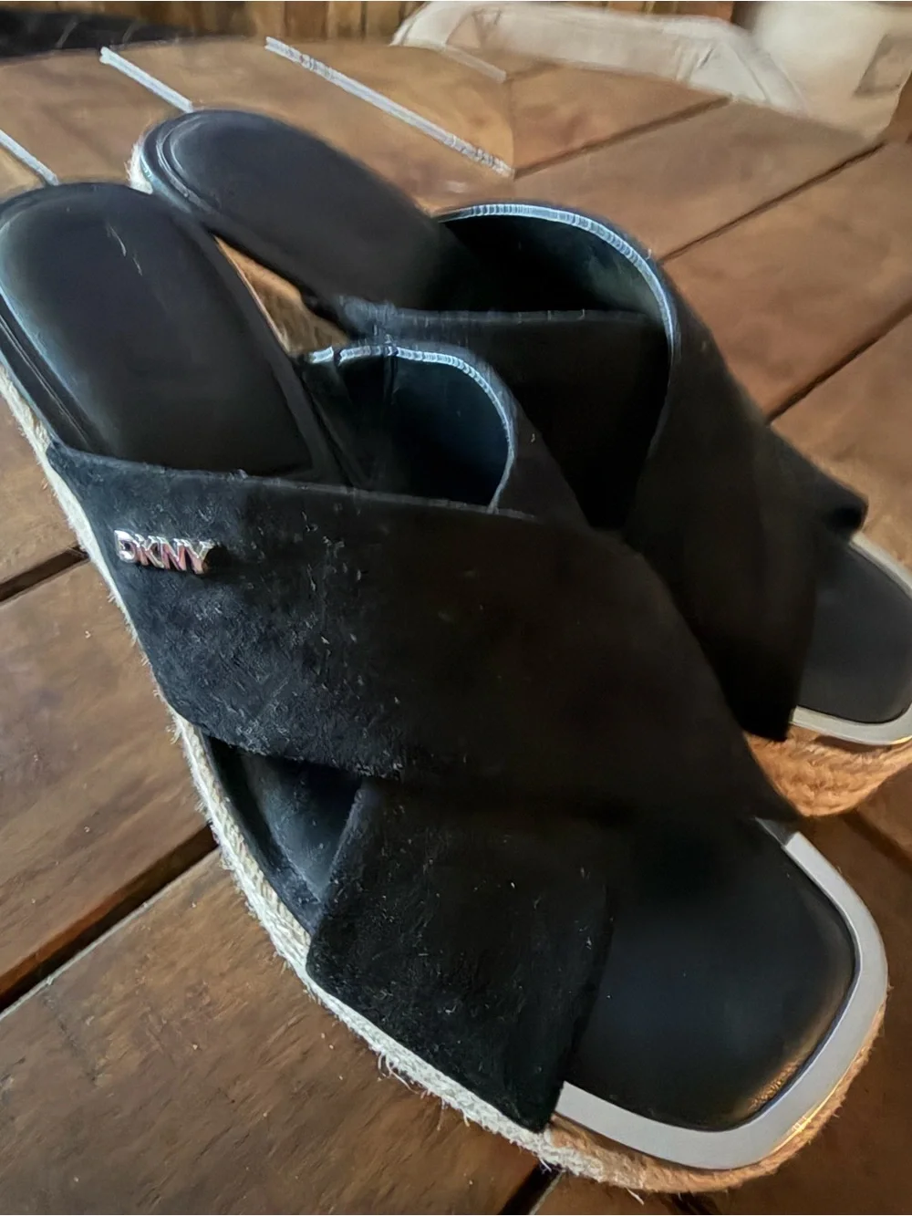 DKNY Black Suede Crisscross Espadrille Wedges